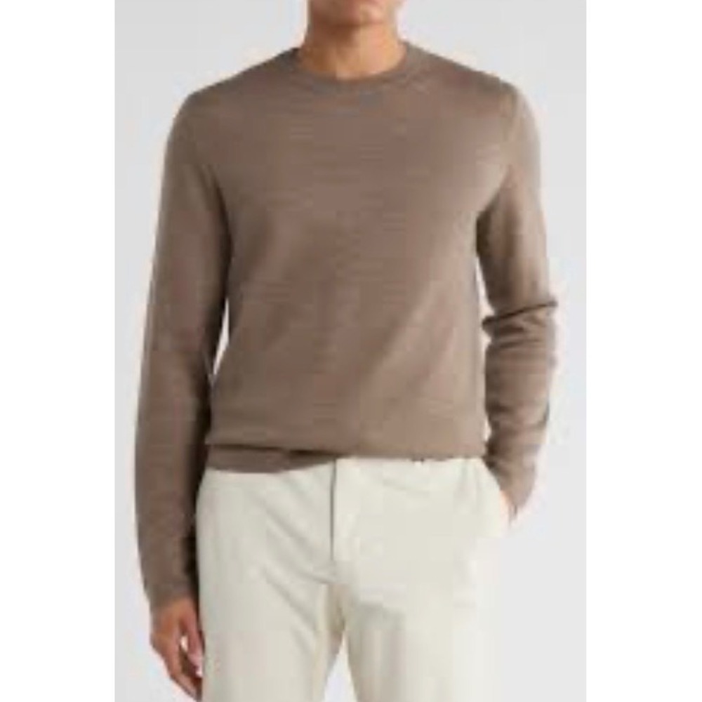 Theory Mens Empire Wool Merino Blend Crewneck Sweater Tan Beige Natural Fibers L